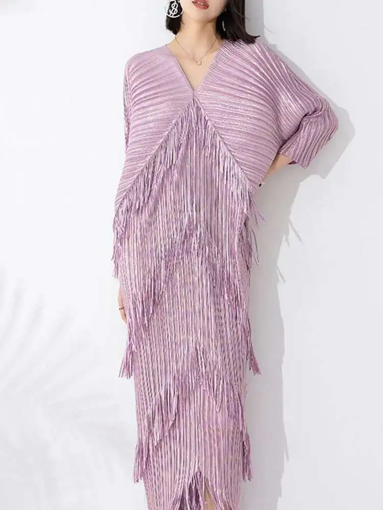 LANMREM High End Pleated Maxi Dress Women V Neck Batwing Sleeves Stitching Color Tassel Elegant Dresses Ladies Clothes 2DA1641 - Image 4