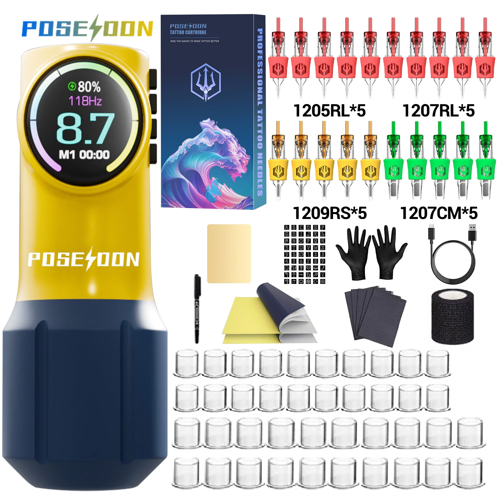 Tattoo Kit POSEIDON Cute Yellow Tattoo Pen Kit For Permanent Makeup Tattoo Machine Kit New Tattoo Power Supply Tattoo Gun Kit 2