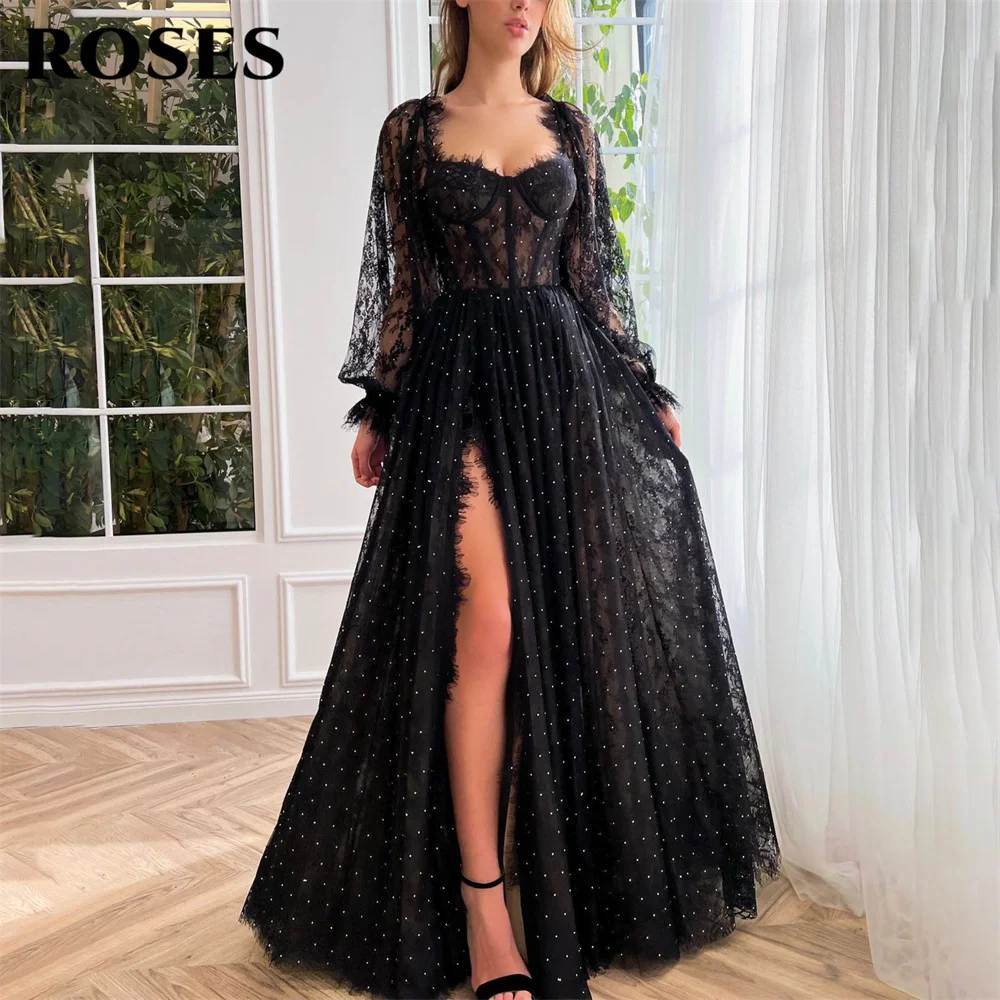 

ROSES Black Lace Evening Gown Full Sleeves Sweetheart Elegant Prom Dress Tulle Side Split Wedding Evening Dress robes de soirée