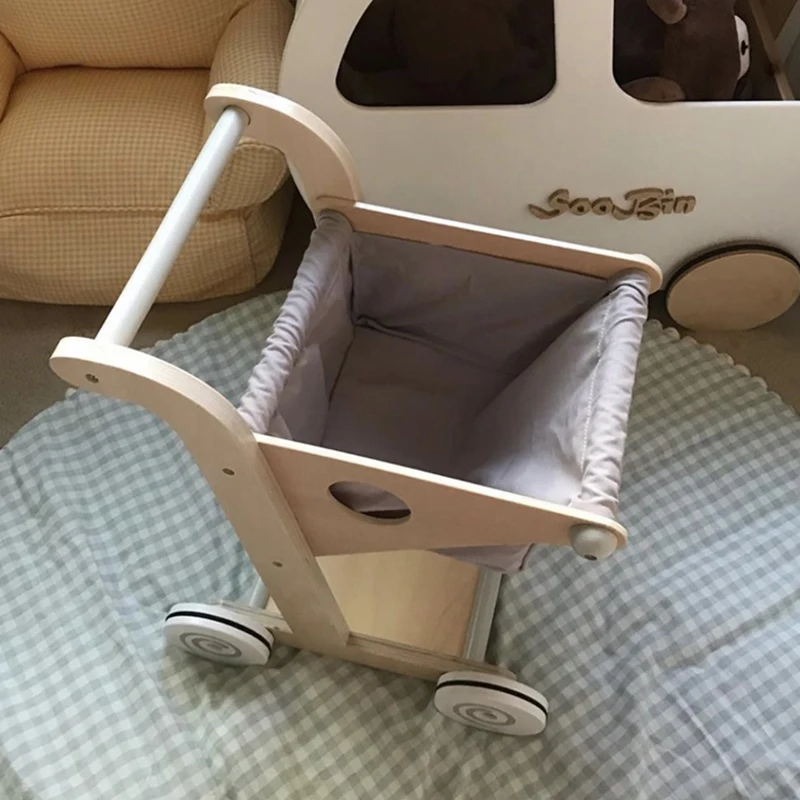INS Children's Wooden Simulated Shopping Cart Toy Girl Supermarket House Baby Kitchen Supermarket Toy Walker For Kids 5