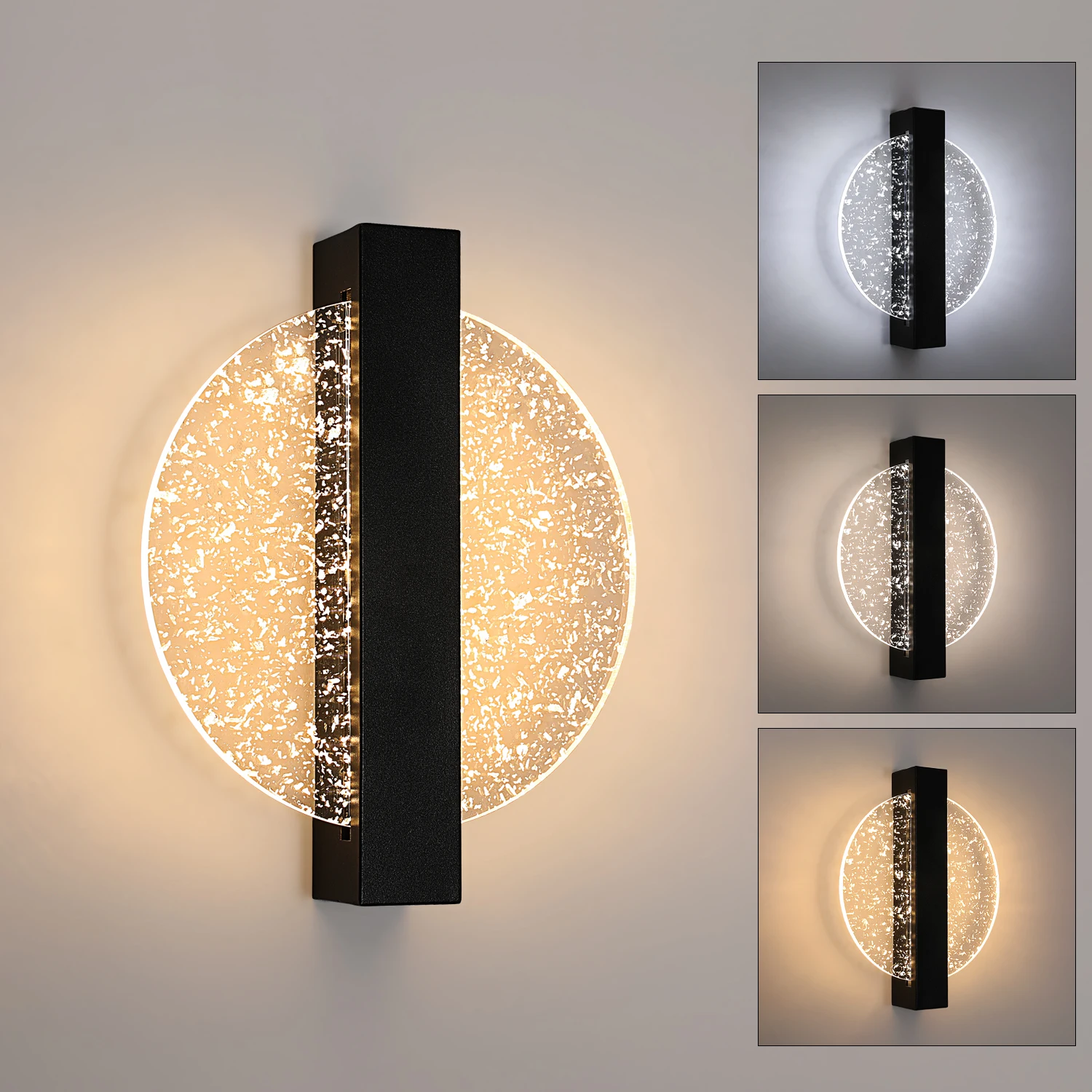 Dimmable LED Wall Light,12W Modern Interior Wall Lamp,Black Round Acrylic Wall Light for Bedroom,3000K-6500K