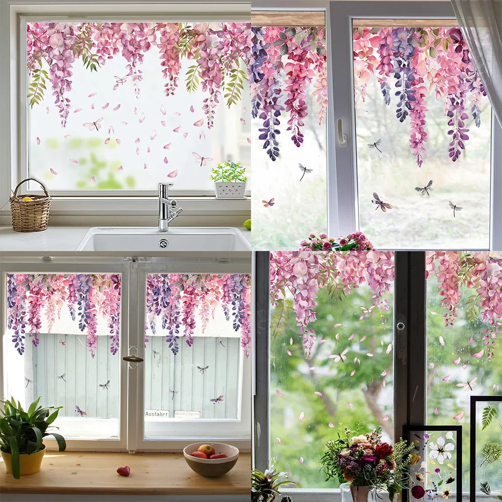 Painted Fall Flower Tree Branches Dragonfly Glass Window Home Landscaping Decoration Electrostatic Uv Window Sticker 1PCS