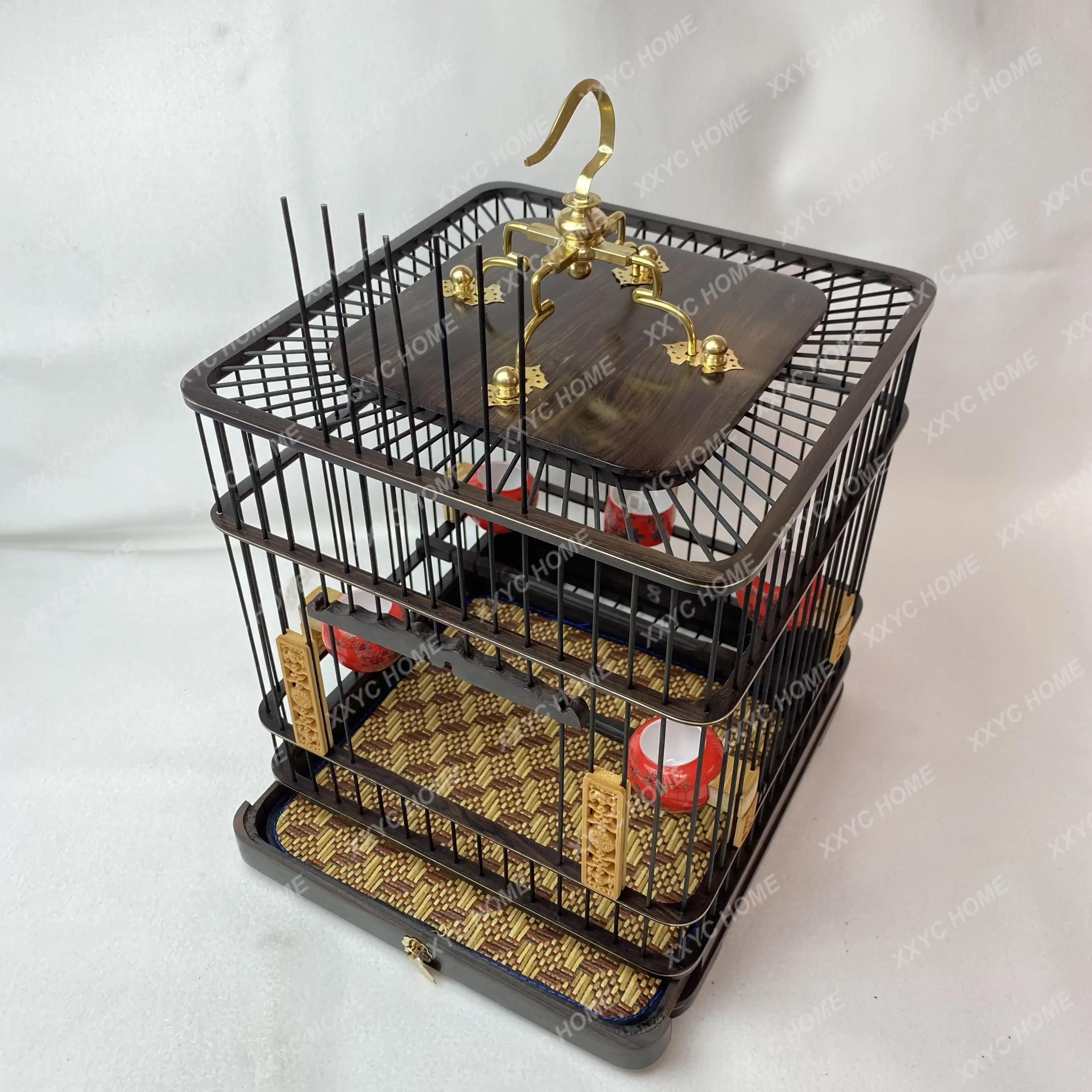 Handmade Square Rosewood Ebony Yellow Rosewood Red Seed Quilt White Eye Jade Bird Square Cage Drawer Cage