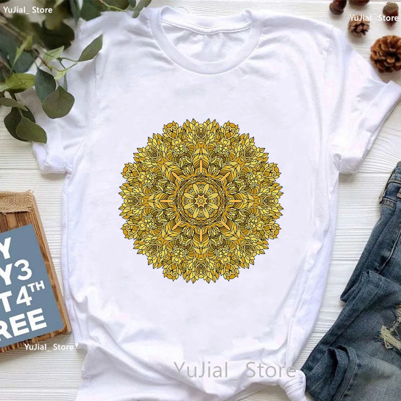 Colorful Mandala Meditation Print T Shirt Girls Funny White Yoga Tshirt Women Summer Short Sleeve T-Shirt Female Harajuku Shirt