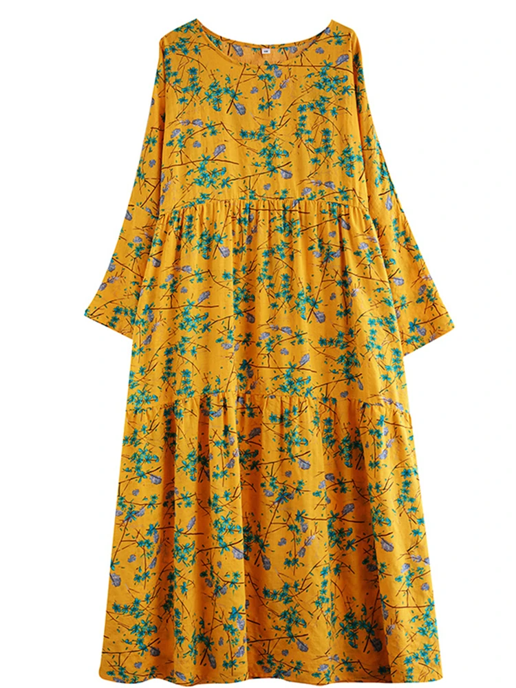 Cotton Vintage Print Dresses Women 2025 Spring Autumn Casual Loose Long Sleeve Yellow Dress Femme Robe Vestidos Fashion Clothing