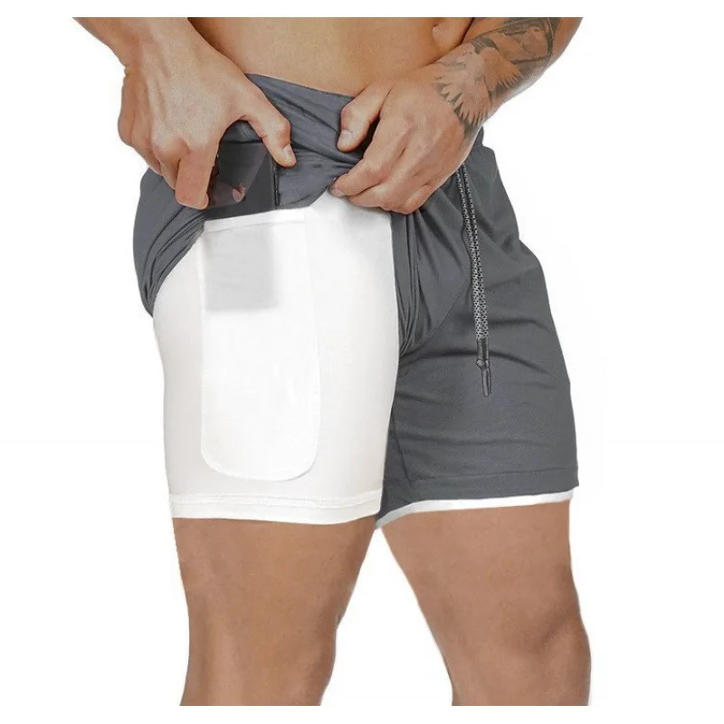 M-4XL European Men's Sports Summer New 2 In 1 Beach Double Layer Mobile Phone Pants Gym Exercise Jogging Training Shorts