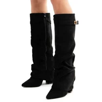 2025 New Style Metal Buckle Women's Knee High Boots Pointed Toe Crude Heel Solid Color Female Long Boots Quality Ladies Shoes 1