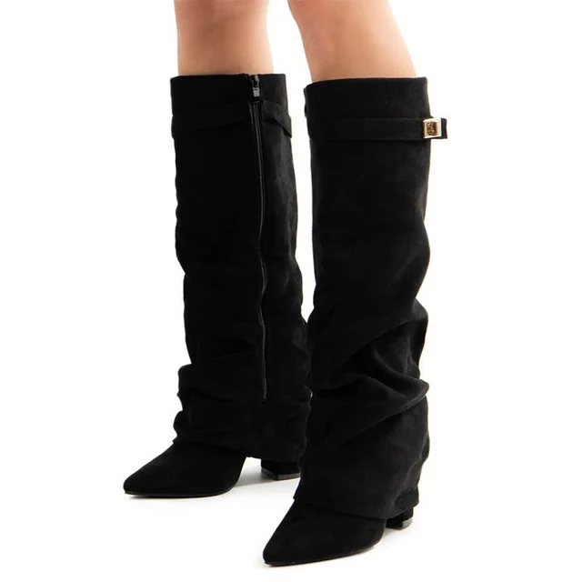 2025 New Style Metal Buckle Women's Knee High Boots Pointed Toe Crude Heel Solid Color Female Long Boots Quality Ladies Shoes 1