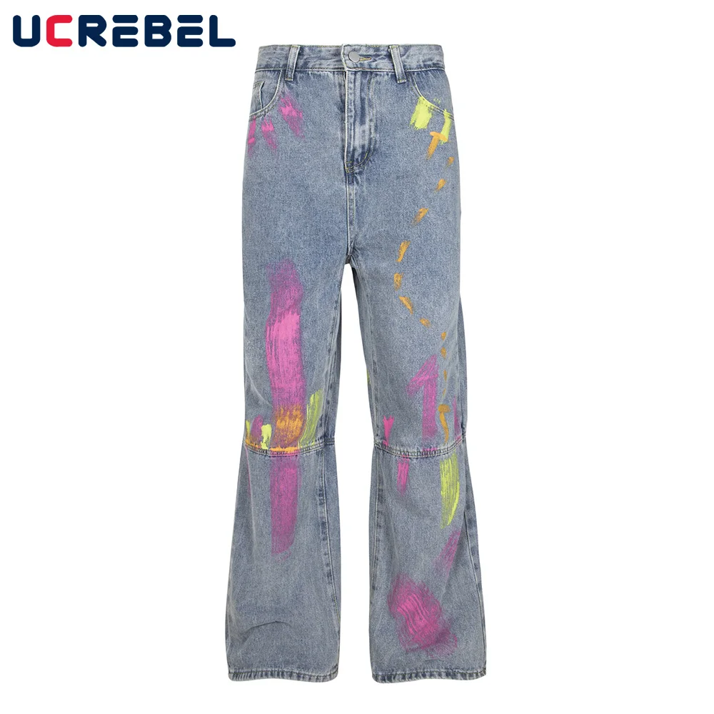 

Painted Spliced Denim Pants Mens Summer High Street Loose Washed Distressed Jeans Men Trousers