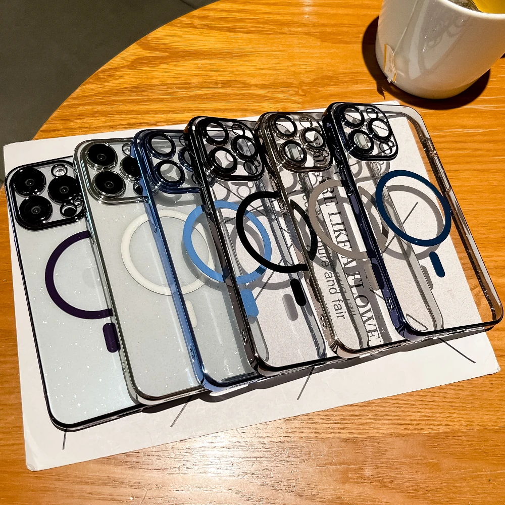 

Luxury Wireless Charge Magsafe Transparent Case For iPhone 15 14 13 12 11 Pro Max Plus Magnetic Clear Bracket cases Bumper Cover