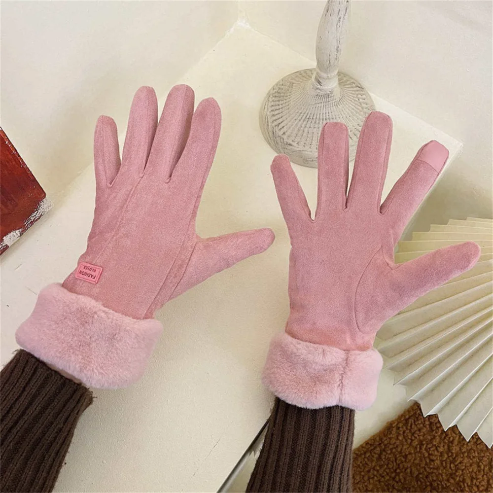Women's Winter Suede Gloves Fleece Warm Windproof Full Finger Gloves Touchscreen Cold Weather Hiking Outdoor Sport Female Gloves
