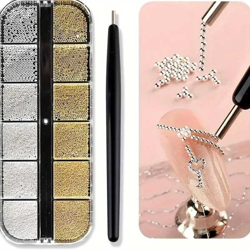 Mini Caviar Beads Nail Art Decorations 12Grids Metal Gold/Silver Micro Ball Nail Charms Magnetic Pen 0.5~3mm Ball Jewelry