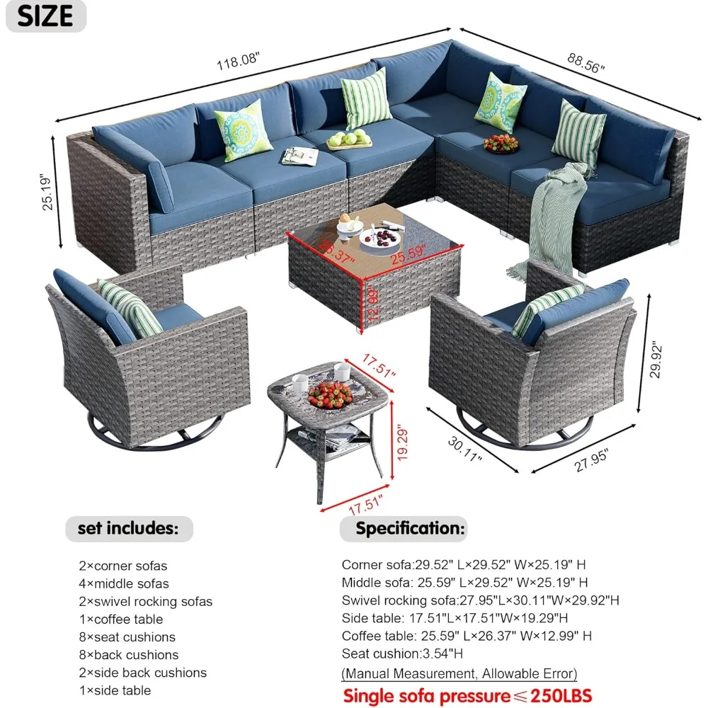 Patio Furniture Outdoor Sectional Sofa Swivel Rocking Chairs All Weather Rattan Wicker 10 Piece Conversation with Coffee Table 2