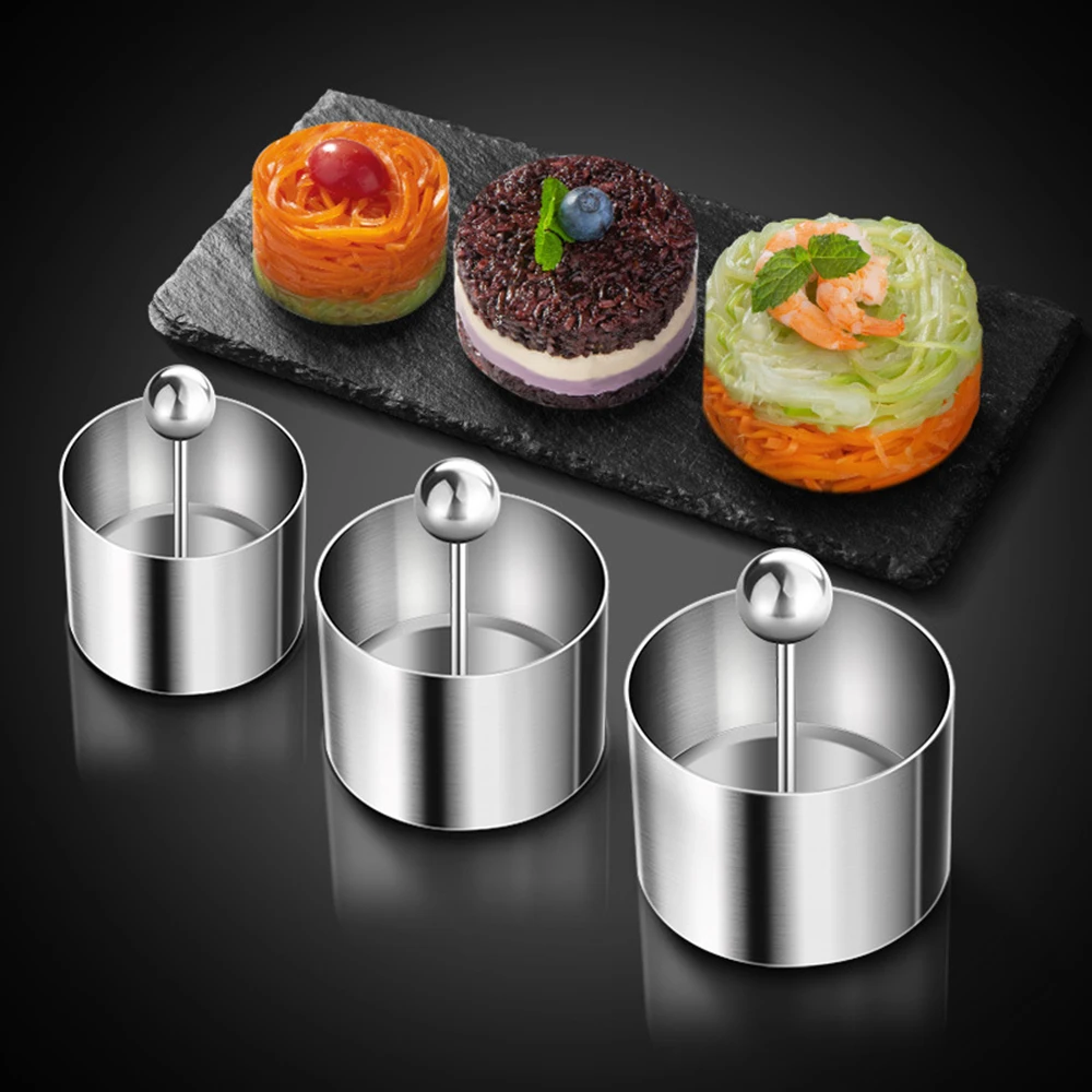 Round Rices Ball Mold with Pusher Stainless Steel Dessert Mousse Cake Rings Easy Demoulding Sushi Making Mould Kitchen Tool