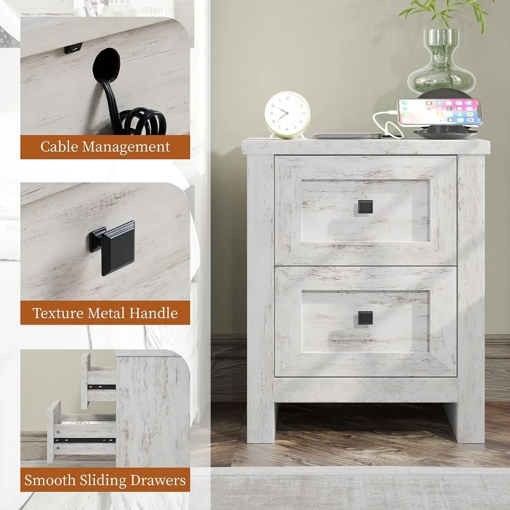 Large Nightstand Set of 2 with Charging Station, Bedside Table with USB Ports and Outlets, Farmhouse Wood End Table