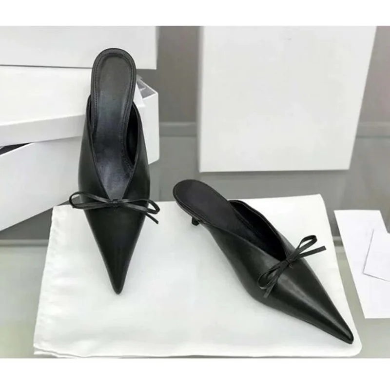 

Black Pointed Bow V Style Slim Heels Slingback Shoes Fashion Low Heel Sandals Summer Popular Women Dress Shoes