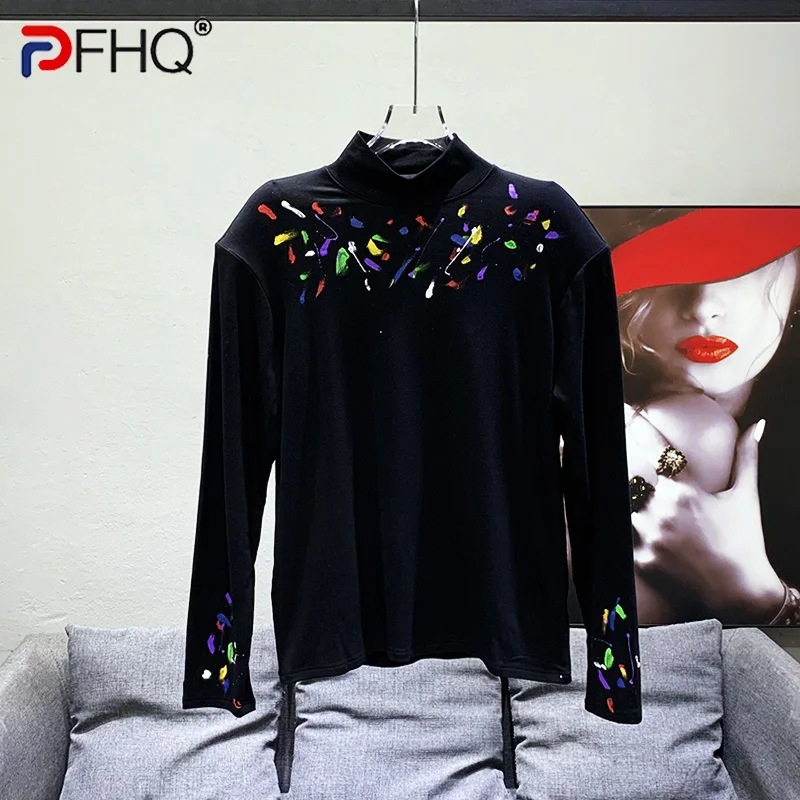 

PFHQ Colorful Graffiti Shoulder Pad T-shirt For Men's Autumn Streetwear Half High Collar Breathable Creativity Art Tops 21Z2916