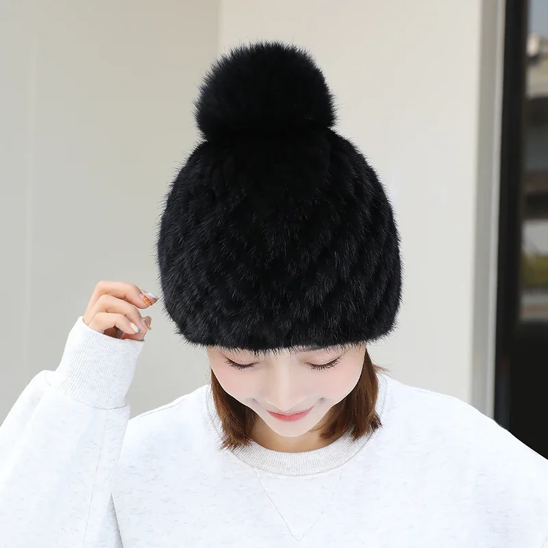 Real Mink Fur Hat for Women Female Fur Cap Ladies Winter Trapper