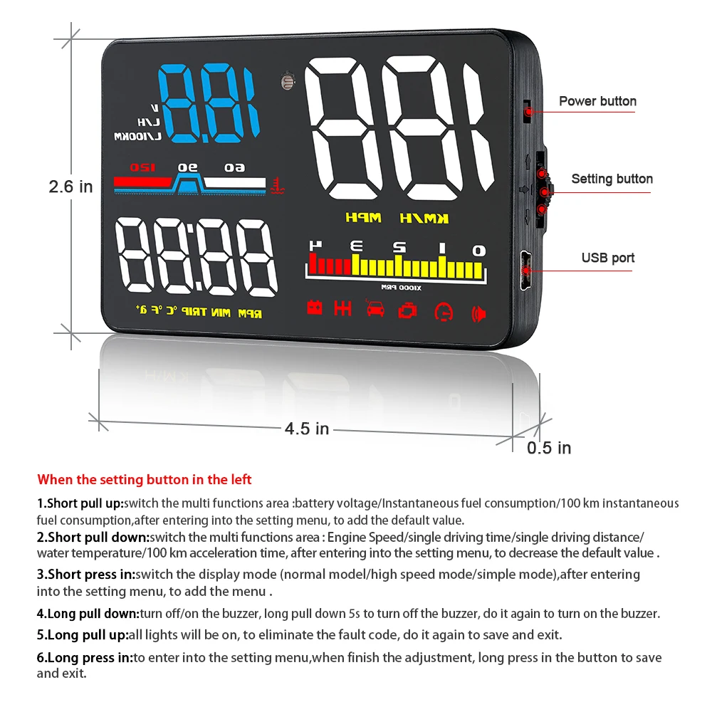 ڵ ӵ   跮, OBD2  ÷, KMH MPH Ÿڹ HUD, ڵ   溸, D5000