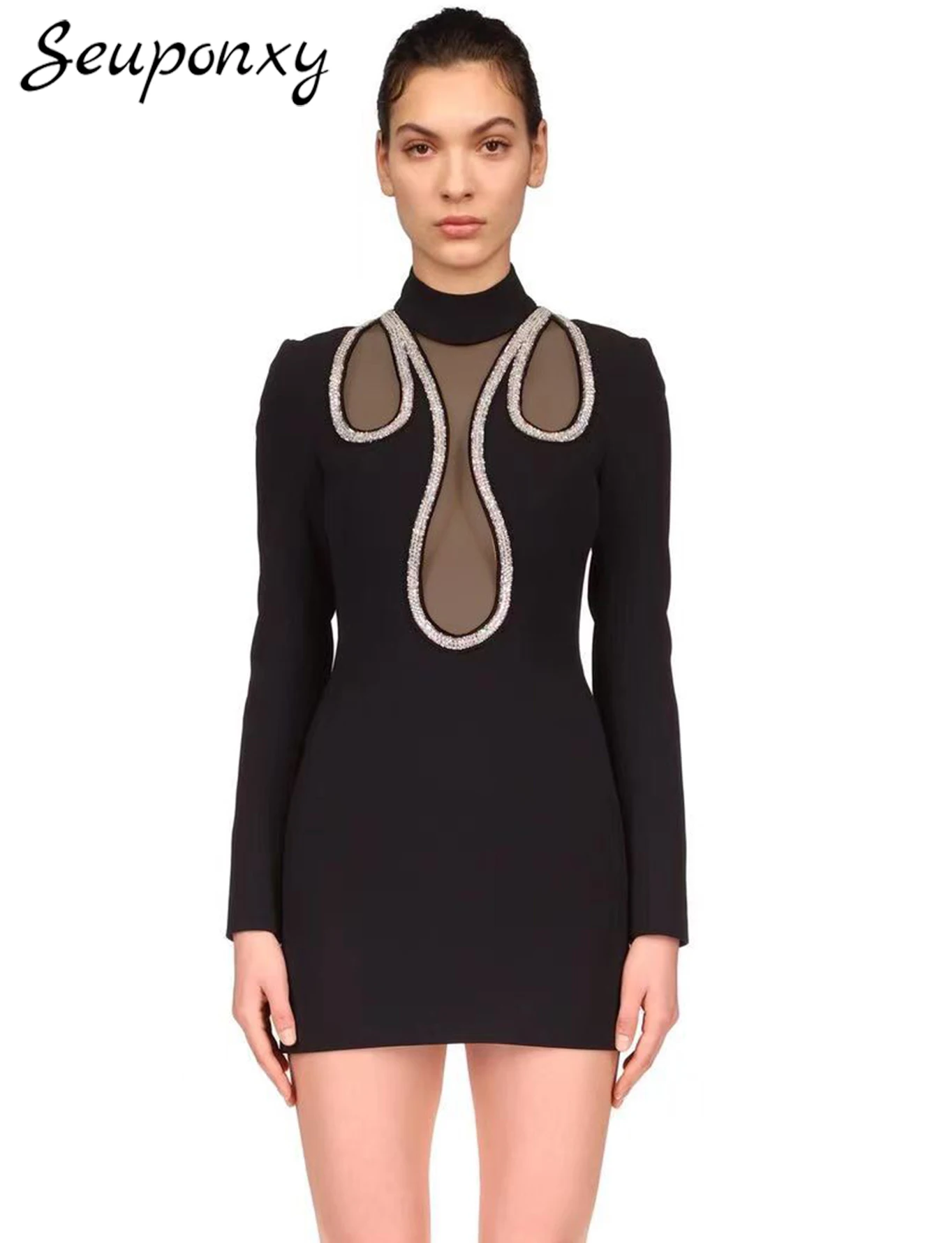 

High Quality Autumn Sexy O-Neck Diamond Mesh Long Sleeve Bandage Bodycon Dress Women's 2022 Elegant Evening Party Dress Vestidos