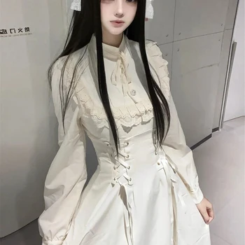 Abito francese elegante in pizzo a maniche lunghe da donna Abiti patchwork a vita alta Lolita Fashion Kawaii Nuovi abiti con lacci femminili