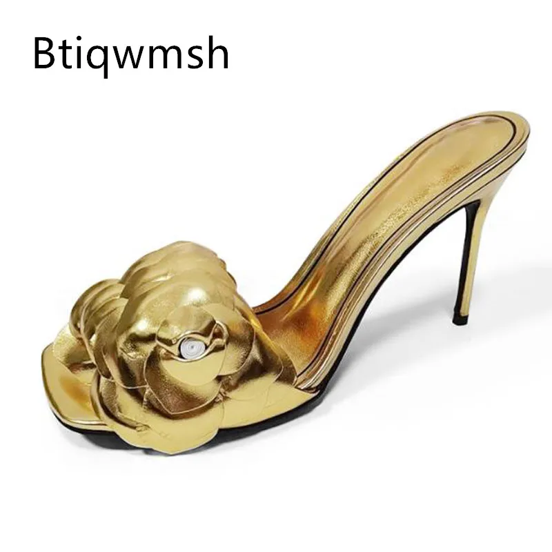 

Gold Flower Gladiator Sandals Woman Open Toe Silver High Heels Shoes Lady Sexy Mules Slippers