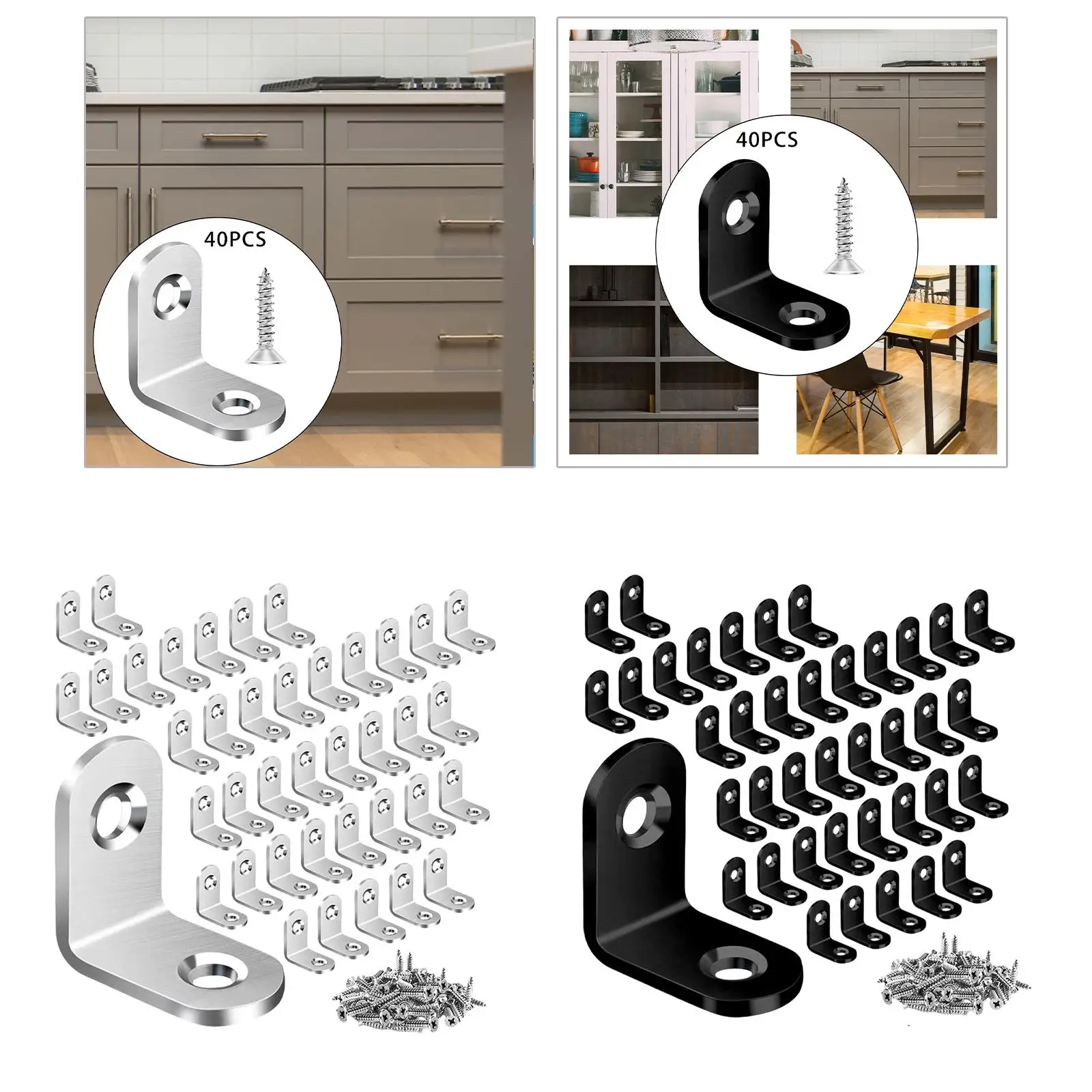 40 Pieces L Bracket, Stainless Steel Corner Bracket with Screws, Angle Bracket Set for Wooden Cabinet Dressers Tables