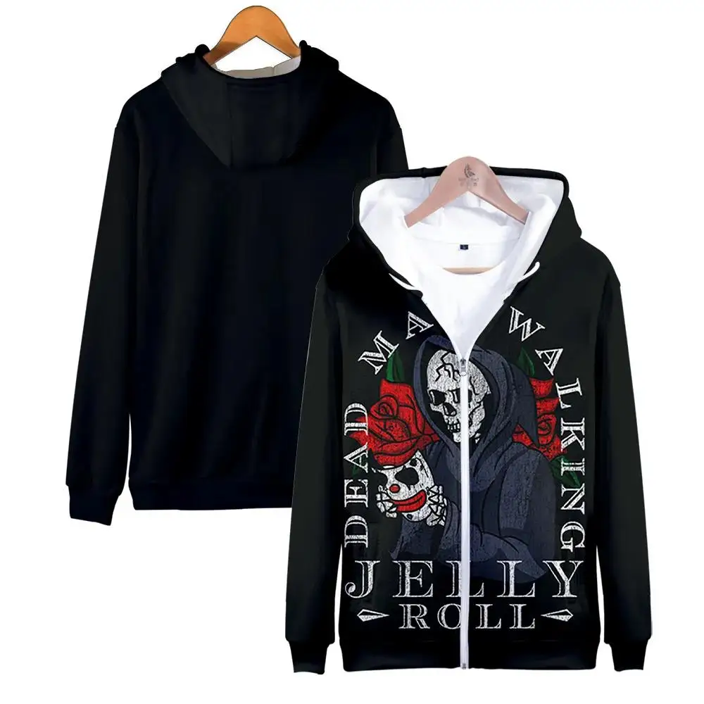 Jelly Roll Rapper Merch ANGEL DEMON SKULL HipHop Style Black Red Zipper Hoodie Unisex Long Sleeve Harajuku Streetwear 3D Clothes