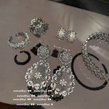 

Bright Lace Honeycomb Gem Earrings 18K Gold Plating Jewelry Zircon Water Drops Flower Rhinestone Earrings Ring