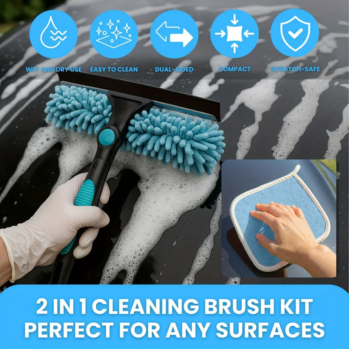 4pcs Car & Home Cleaning Kit: 2-in-1 Dual-Sided Brush+3 Absorbent Towels,Scratch,Safe for Glass,Tiles,Auto Surfaces,Car Wash Kit