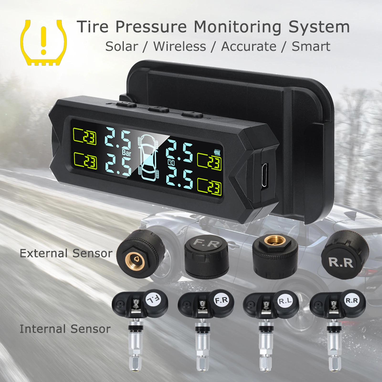 

Tire Pressure Monitoring System,Wireless Solar Power TPMS with 5 Alarm Modes,Auto Backlight LCD Display,4 Sensors 0-67 PSI
