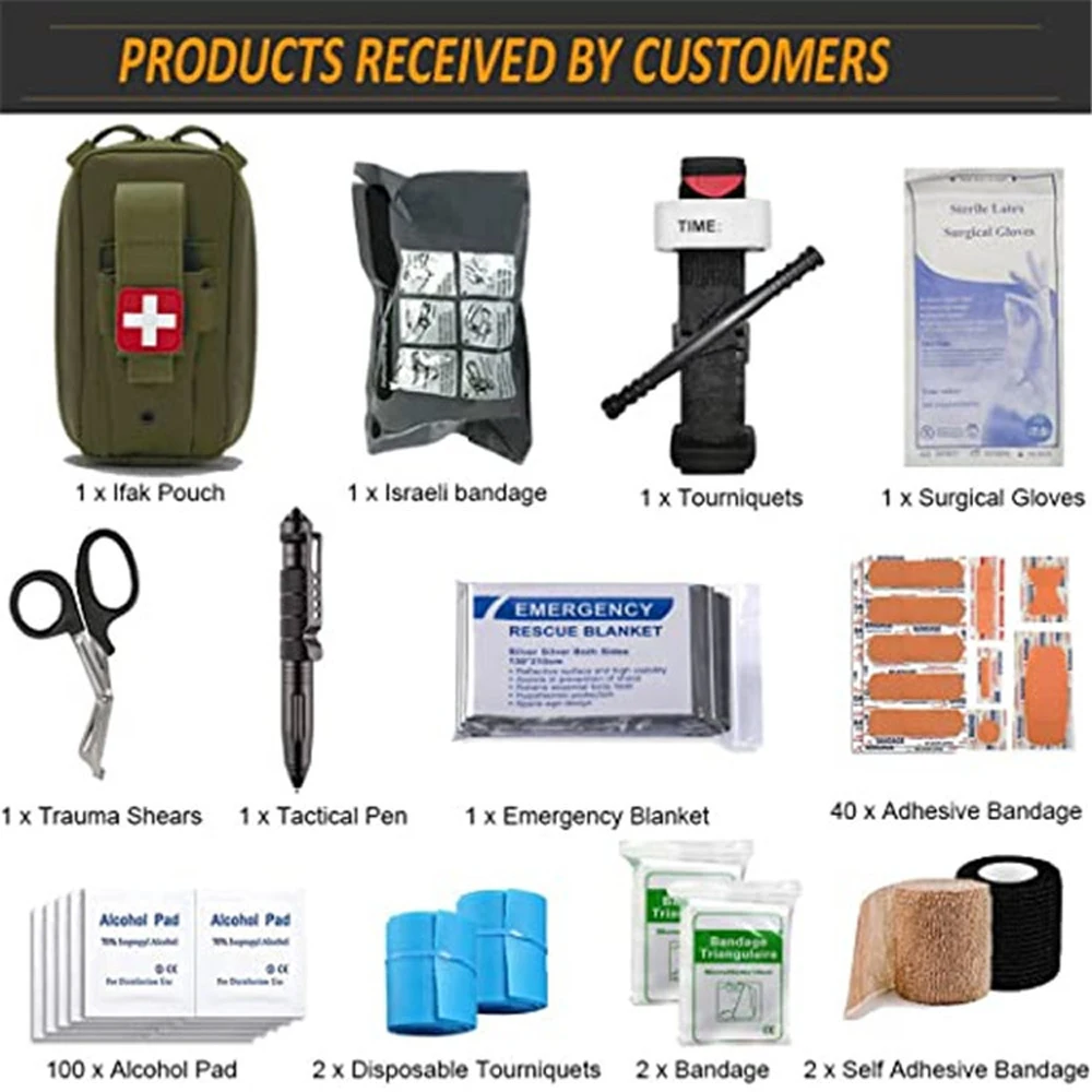 Kit de primeros auxilios de supervivencia, 251 piezas, bolsa de primeros  auxilios táctica compacta para trauma, bolsa de emergencia compatible con