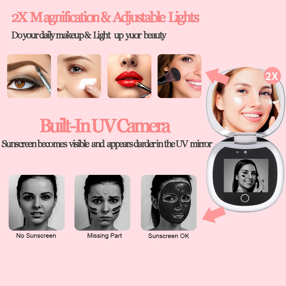 UV Mirror Sunscreen Test Camera Sun Protection Visualization Travel Makeup Mirror LED Light Compact Hand Mirror