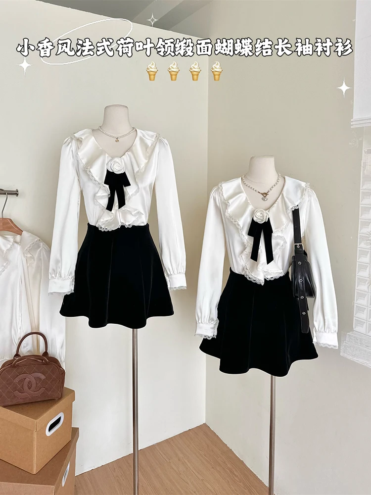 

Женская кружевная блузка с оборками, Элегантная блузка во французском винтажном стиле с V-образным вырезом и длинными рукавами, милый нежный стильный топ на осень