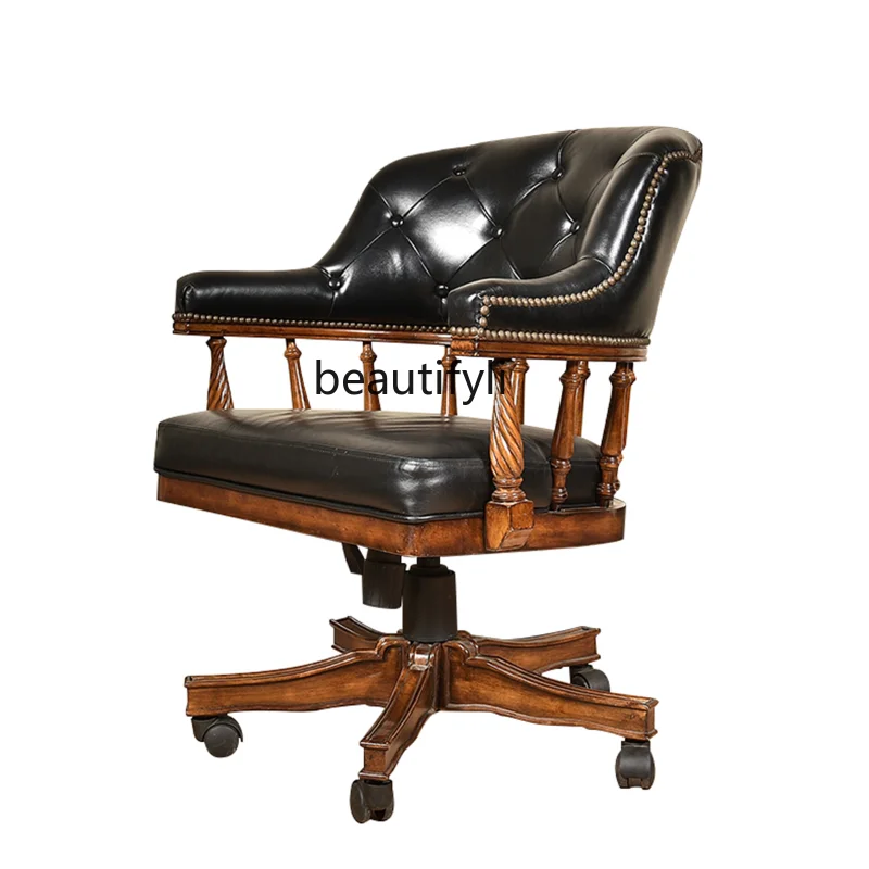 

Американский компьютерный стул из натуральной кожи, твердый деревянный винтажный Состаренный стол для дома, офиса, руководителя, сидящий на долгое время диван