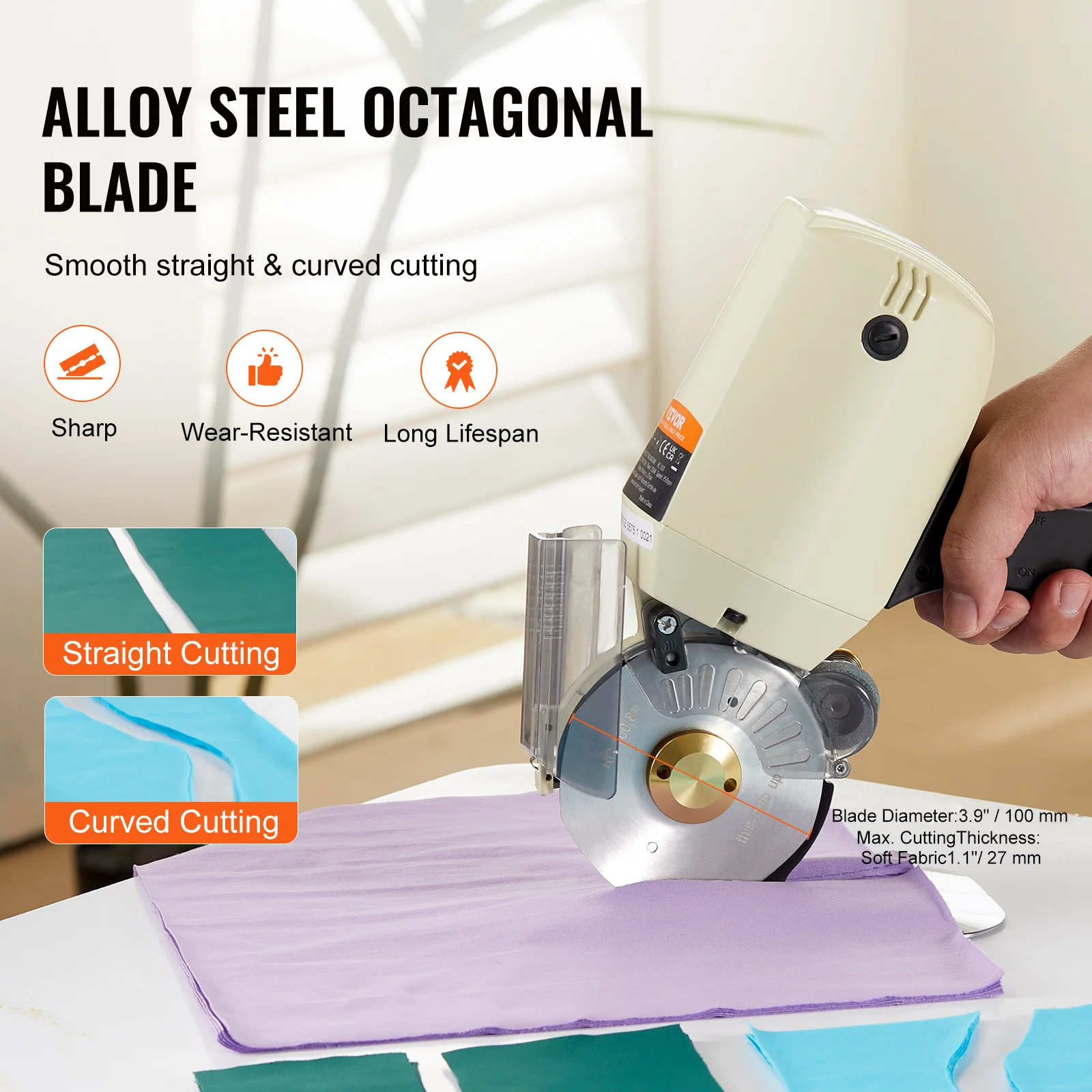VEVOR 170W/250W Fabric Cutter Electric Rotary Fabric Cutting Machine 1“ / 1.1" Cutting Thickness Octagonal Knife with Blade 3