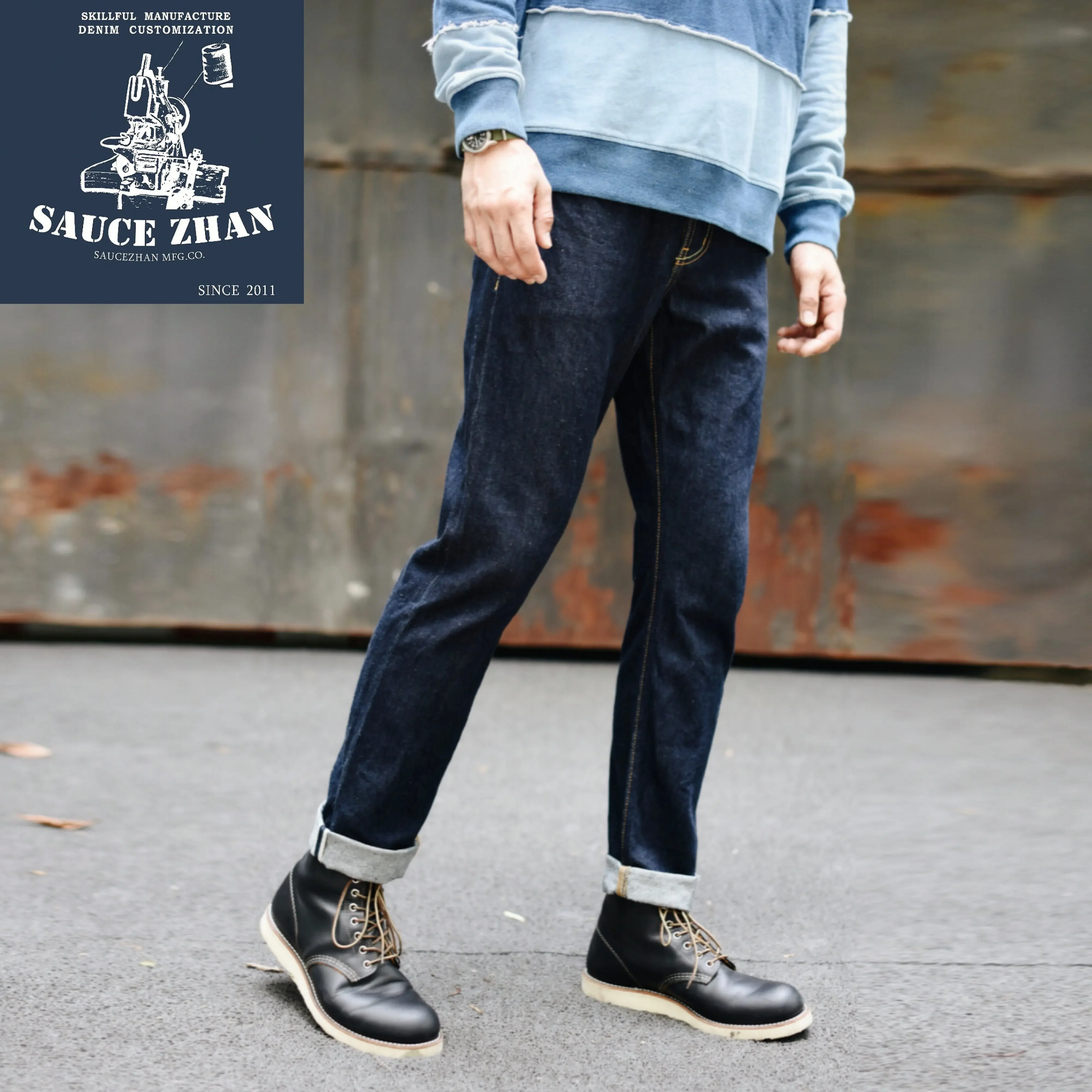 Saucezhan 314XX Mens Jeans Sanforized  Selvedge Denim Jeans for man Indigo and Black Jeans Zipper Fly Slim Fit 4