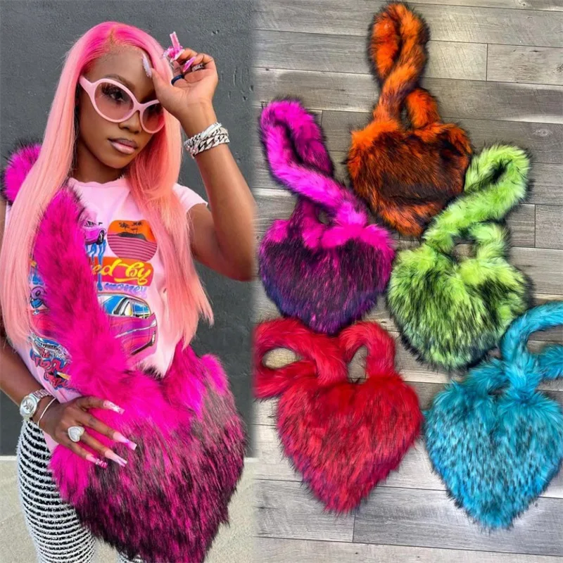 NEW Big Faux Fur Heart Shape Plush Tote Bags For Ladies Handbags For Women Winter With Long Shoulder Furry Straps Bag
