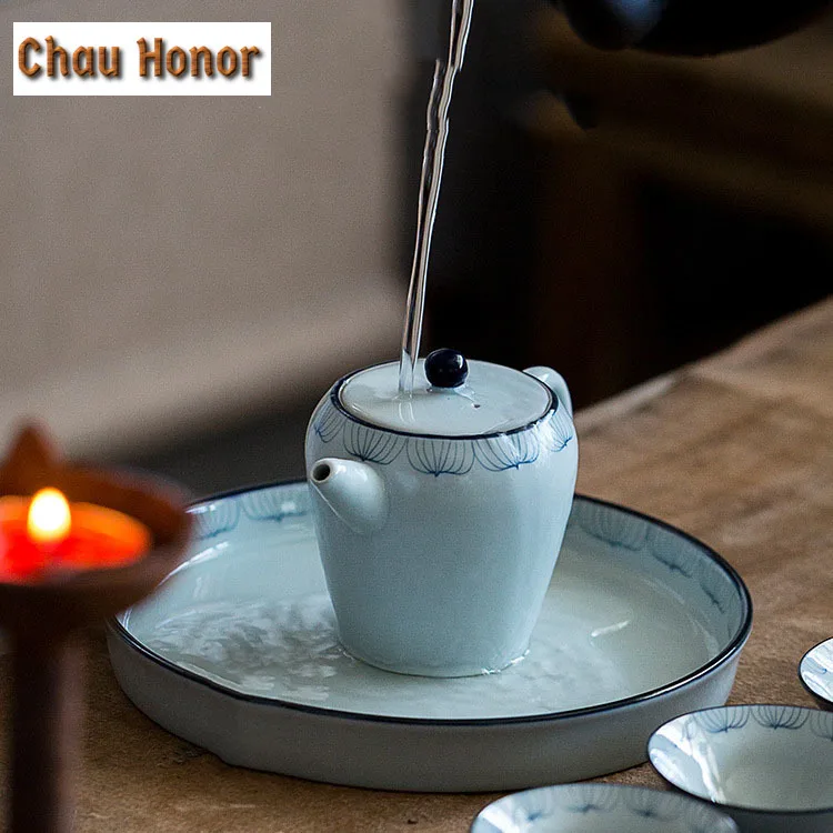 Retro Blue And White Tea Tray Hand Painted Lotus Art Ceramic Tea Pot Holder Dry Bubble Tray Teapot Holder Base Kung Fu Teaware