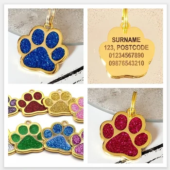 Etichetta identificativa con zampa in oro scintillante incisa al laser - Ciondolo personalizzato per collare per cani e gatti con incisione gratuita - Accessori per animali domestici glitterati Rosa