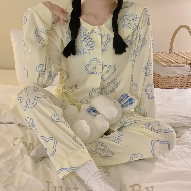 

Pajama Female Long Sleeve Spring Autumn Korean Cartoon Girl Pants Leisure Two Piece Suit Home Clothes Bedroom Set Sleepwear