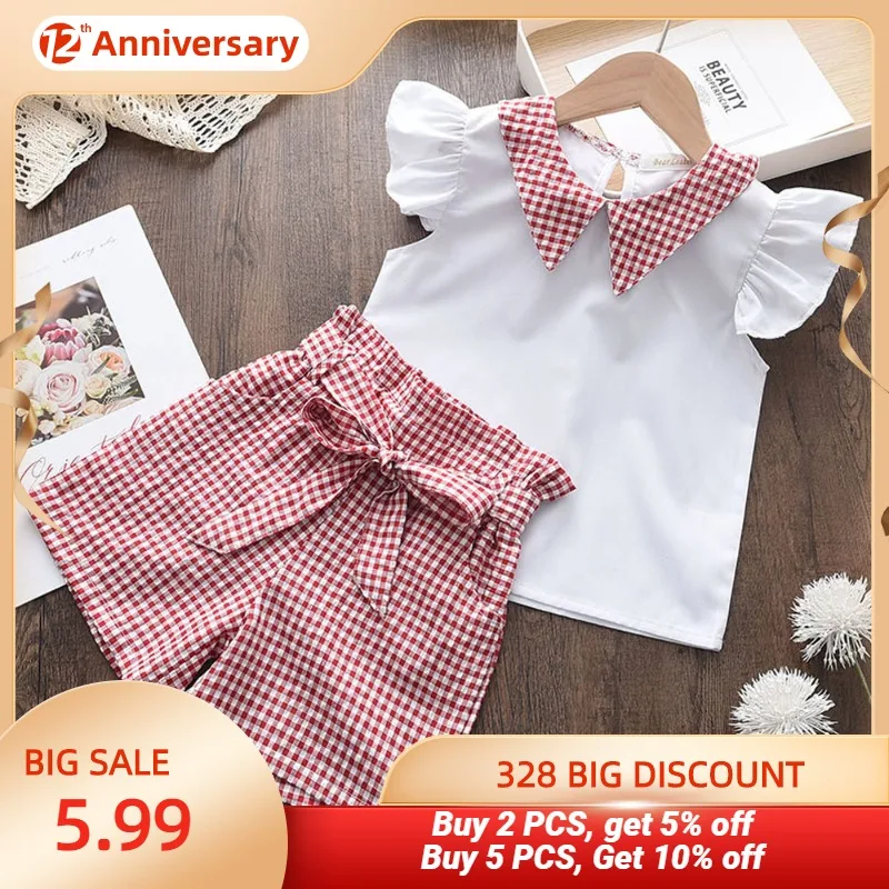 Menoea Toddler Girls Clothes Sets 2022 New Summer Patchwork T-shirts + Plaid Bow Shorts Casual Outfits Baby Kids Clothing Suits | Детская