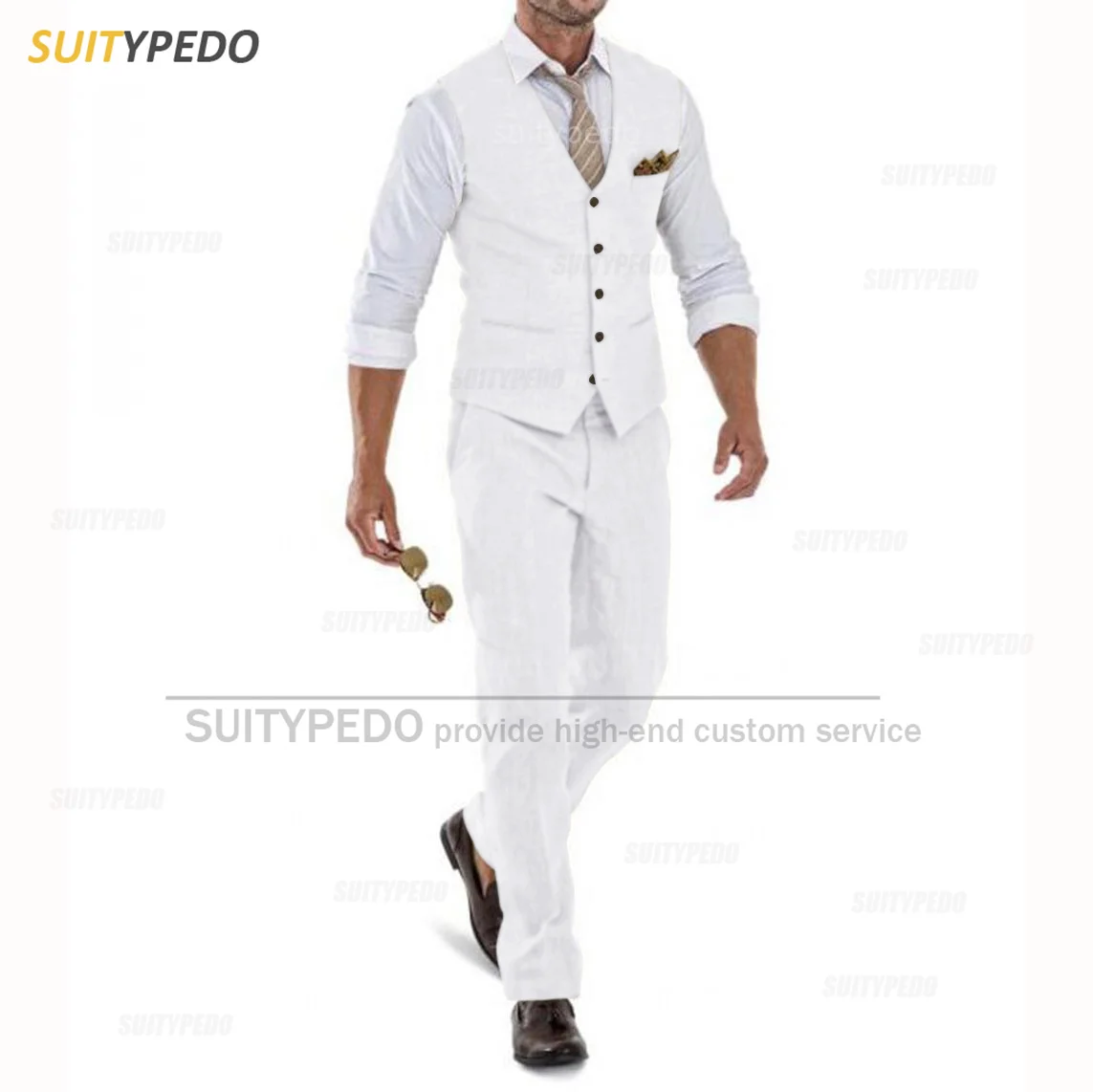 Linen Suit for Men Casual Slim Fit Ivory Suit Vest Pants Set 2 Pieces New Business Summer Prom Wedding Tuxedos for Men Groomsmen 5
