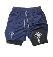 Cross Print 2 in 1 Workout Running Shorts for Men Christian Gym Athletic Shorts with Compression Liner Phone Pocket Towel Loop 2