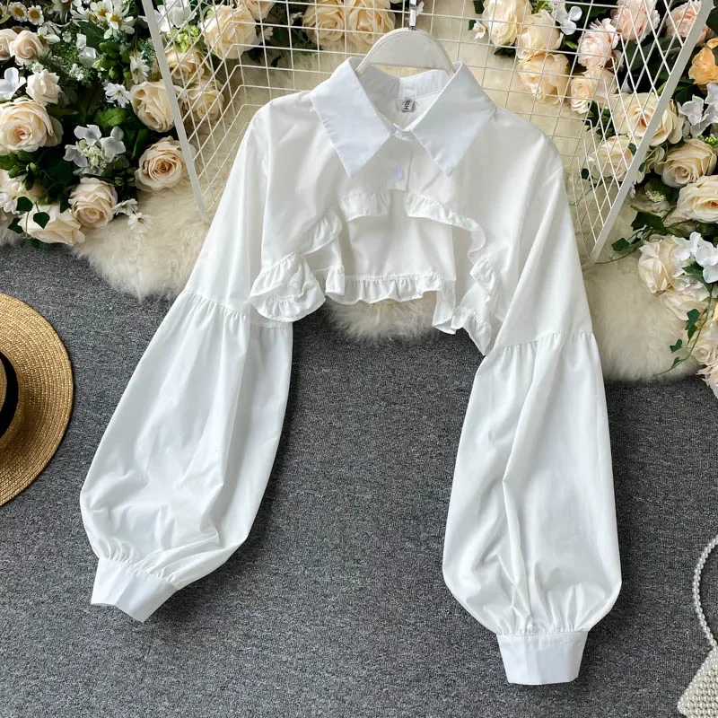 Capes courtes à manches longues pour femmes, chemises blanches, hauts