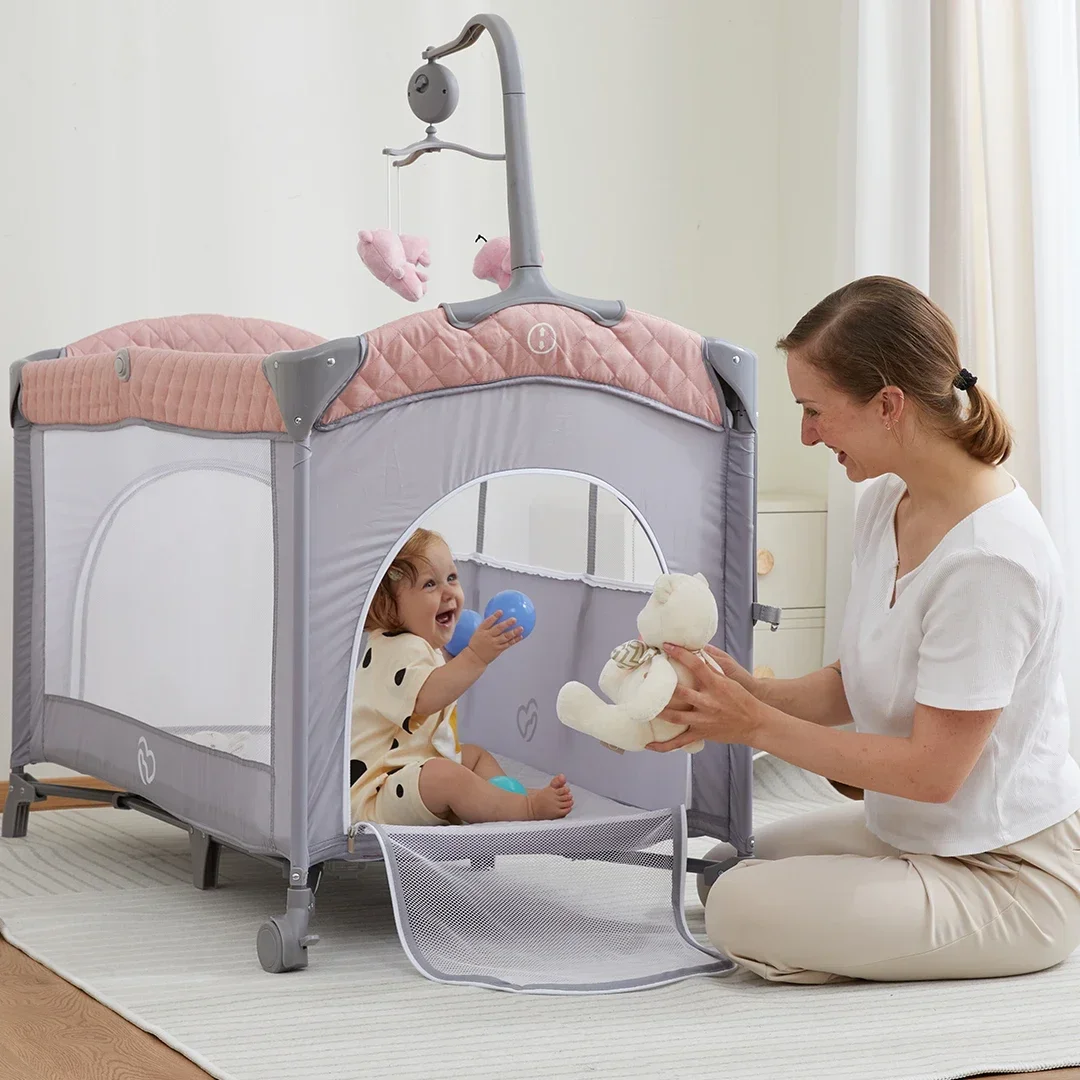 Cheap Hot selling adjustable baby travel folding bed bedside bed crib side with wheels and diaper table for 0-3years