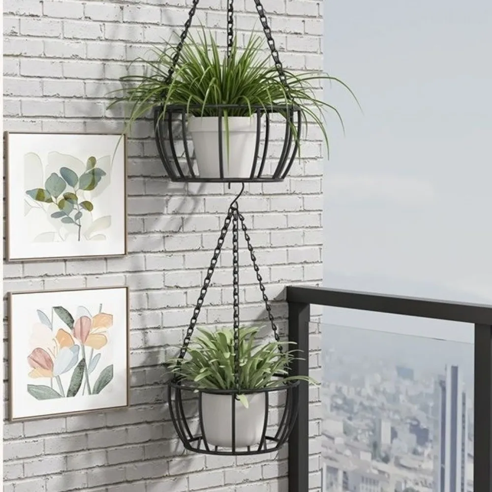 Vintage-Style Iron Hanging Planter with Chain - Round Pot Tray Holder