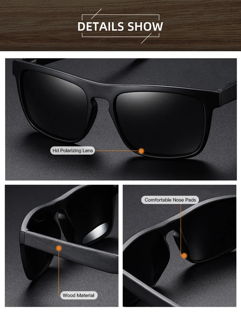 Polarized 100% Natural Wooden Sunglass Frame Bamboo Black Sunglasses Men's UV Protection Luxury Vintage Sunglasses