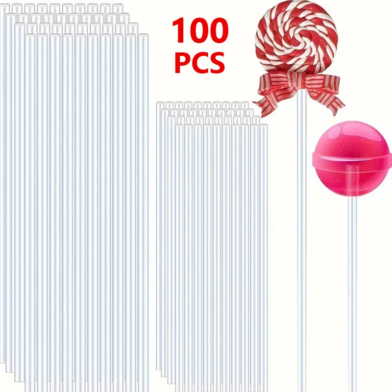100Pcs Transparent Acrylic Lollipop Stick Reusable Candy Dessert Chocolate Bakeware Cupcake Toppers Sticks Home Kitchen Supplies