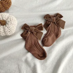 Cozy Winter Baby Socks with Bow - Warm Cotton Mid-tube - 3-5 Years (L) (Coffee color)